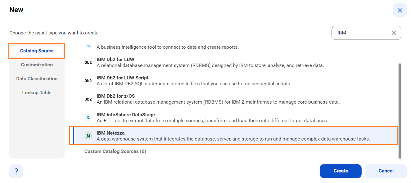 The image shows the list of catalog sources with the IBM Netezza catalog source selected and an option to create a new catalog source.
