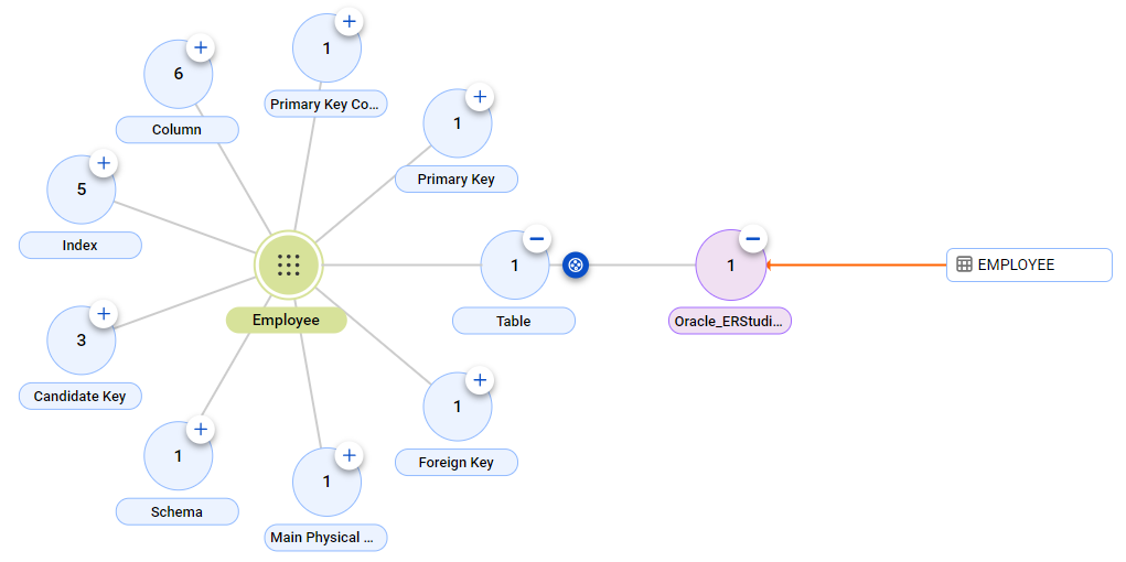 The relationship diagram shows the table to table relationship between the IDERA ER/Studio Data Architect Employee asset and the Oracle Employee table after connection assignment.