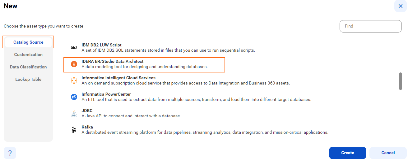 The list of catalog sources is visible with the IDERA ER/Studio Data Architect catalog source selected.