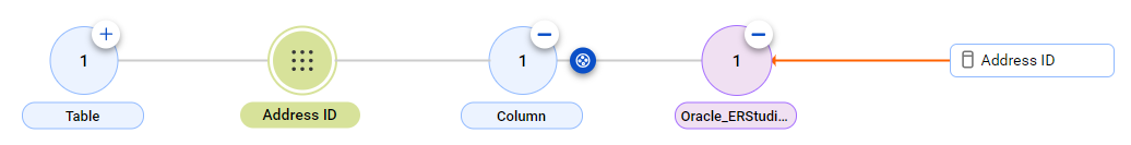 The relationship diagram shows the table column to table column relationship between the IDERA ER/Studio Data Architect Address ID asset and the reference Address ID data element after connection assignment.