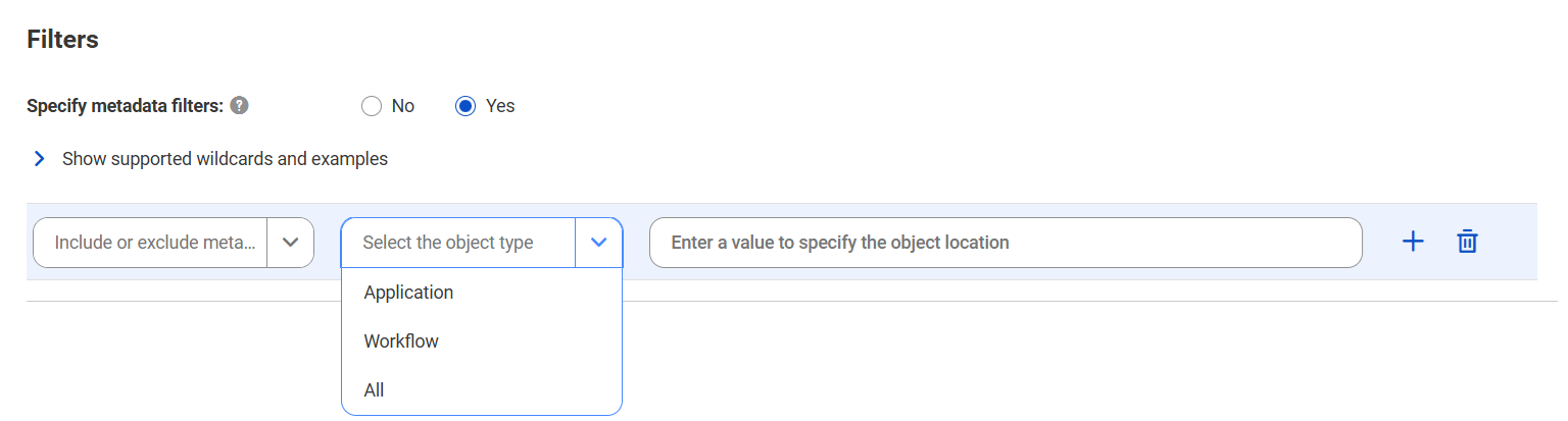 The image shows the Filters area for the Informatica Developer catalog source. You can choose to include or exclude metadata and enter a value to specify the object location.