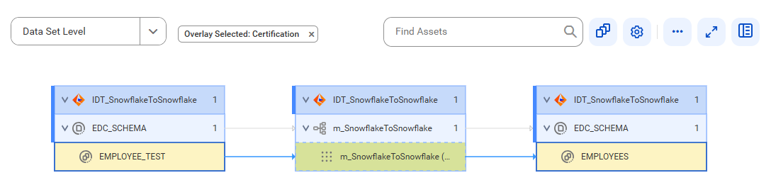 The data set level lineage diagram starts at the EMPLOYEE_TEST reference data set and shows how the data flows to the target EMPLOYEES reference data set using the m_SnowflakeToSnowflake mapping instance before connection assignment.