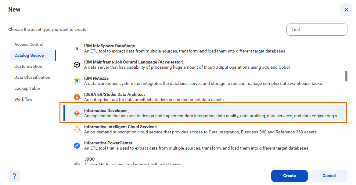 The image shows the list of catalog sources with the Informatica Developer catalog source type selected and an option to create a new catalog source.