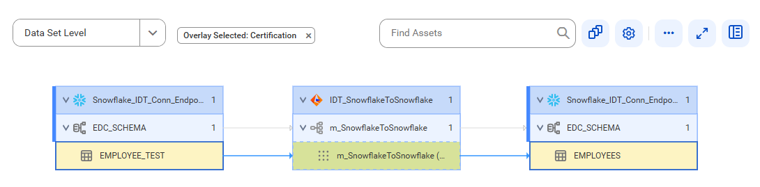 The data set level lineage diagram starts at the EMPLOYEE_TEST source table and shows how the data flows to the target EMPLOYEES table using the m_SnowflakeToSnowflake mapping instance after connection assignment.