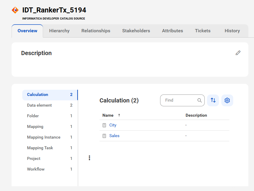 The image shows a sample Informatica Developer asset page with tabs that allow you to view the asset.