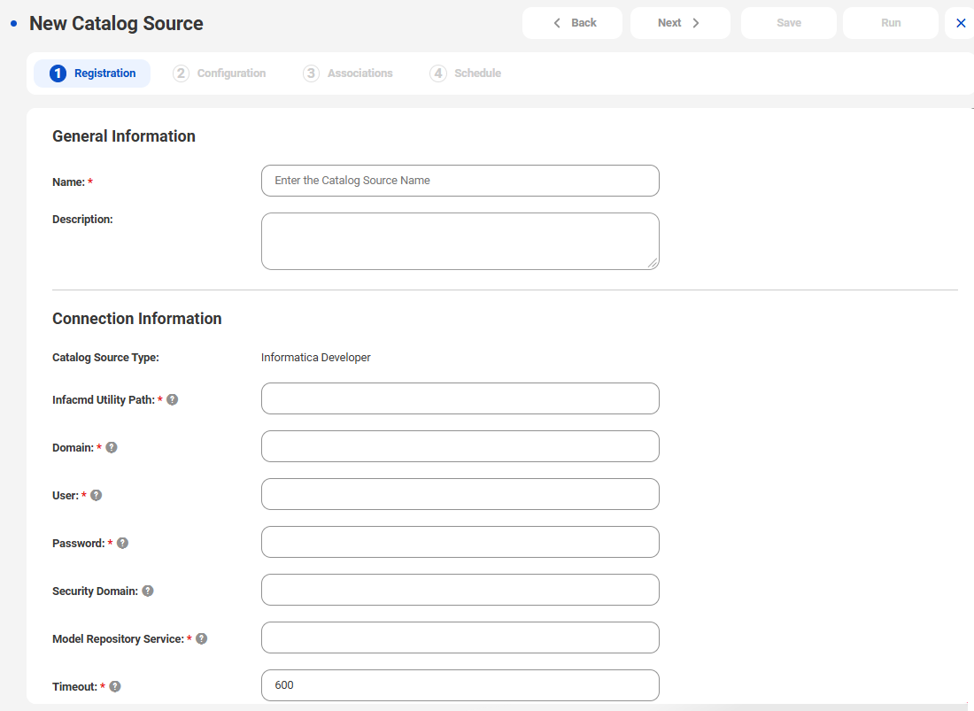The image shows the New Catalog Source page with the Informatica Developer catalog source type selected.