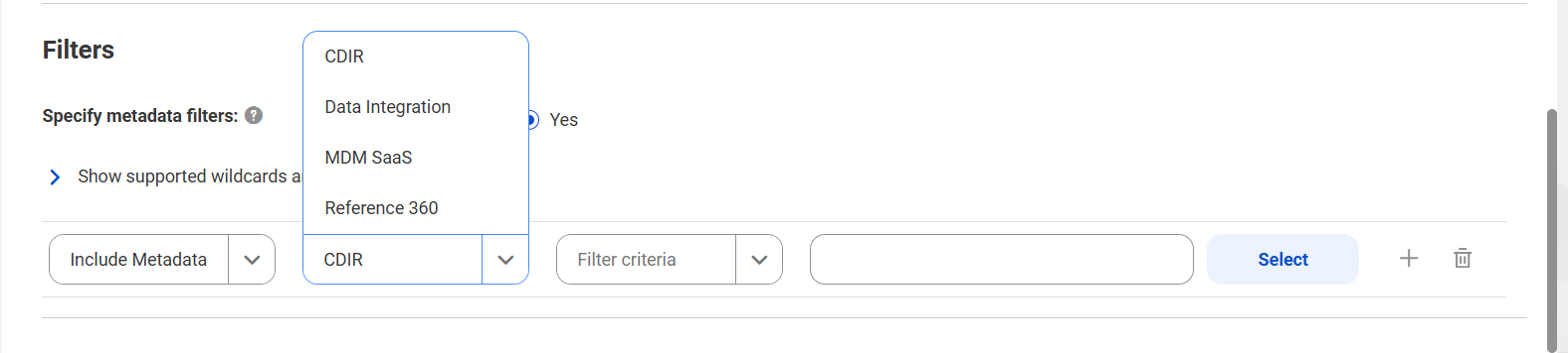 The image shows Data Integration, MDM SaaS, Reference 360, and CDIR as object types for the Informatica Intelligent Cloud Services catalog source.