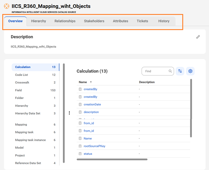 The image shows a sample Informatica Intelligent Cloud Services asset page with tabs that allow you to view the asset.