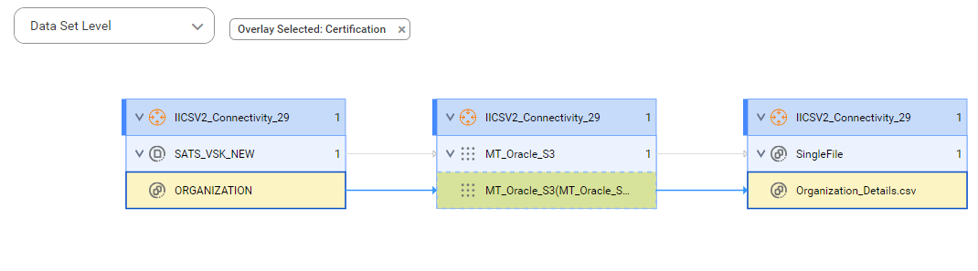 The data set level lineage diagram starts at the ORGANIZATION source table and shows how the data flows to the target Organization_Details.csv file before connection assignment.