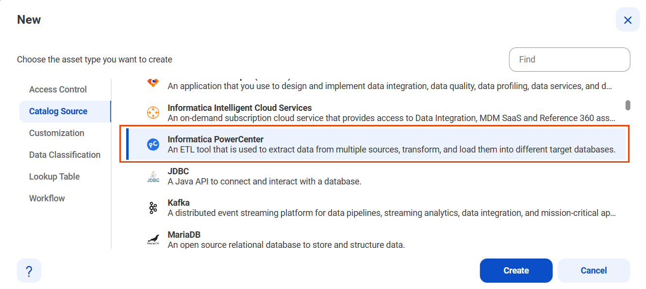 The image shows the list of catalog sources with the Informatica PowerCenter catalog source selected and an option to create a new catalog source.