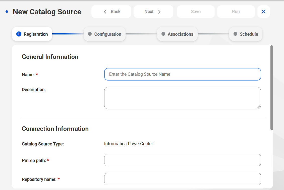The image shows the New Catalog Source page with the Informatica PowerCenter catalog source type selected.