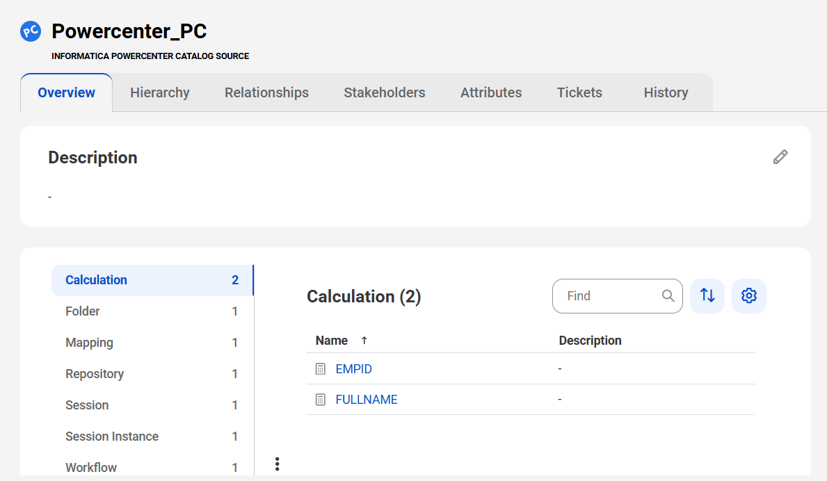 The image shows a sample Informatica PowerCenter asset page with tabs that allow you to view the asset.