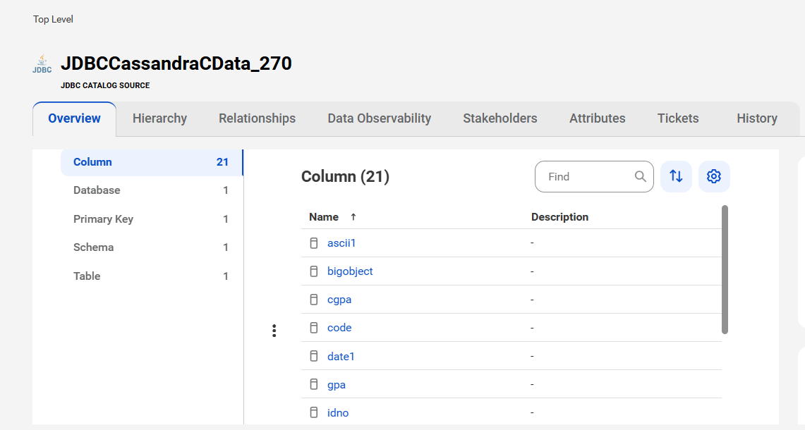 A sample JDBC asset page with tabs that allow you to view the asset.