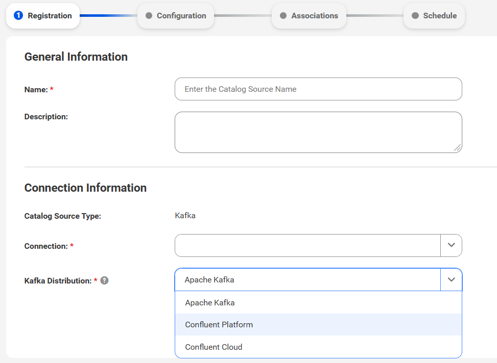 The image shows the New Catalog Source page with the Kafka catalog source type selected and Kafka distribution options listed.