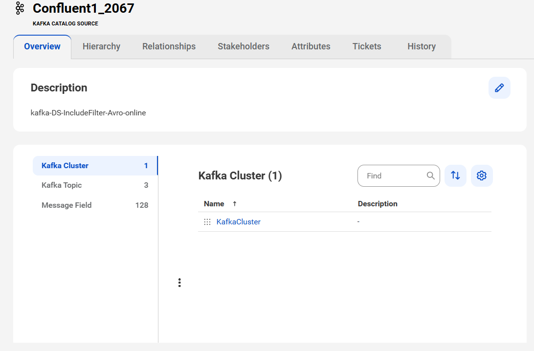 The image shows a sample Kafka asset page with tabs that allow you to view the asset.