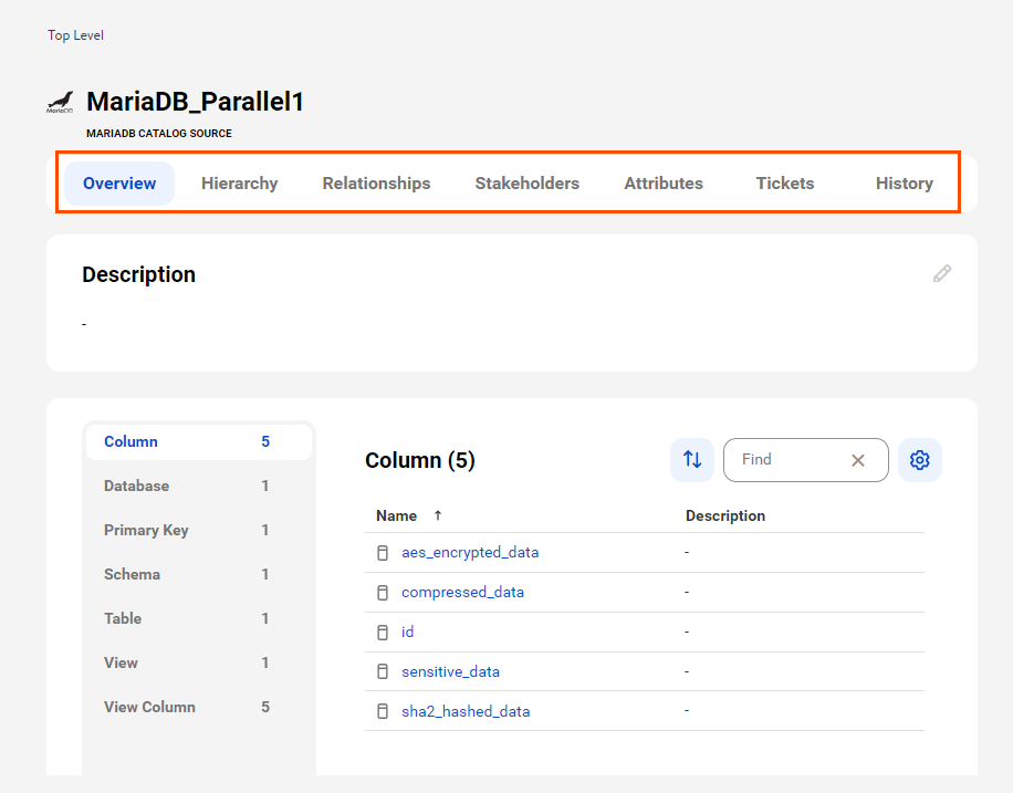 The image shows a sample MariaDB asset page with tabs that allow you to view the asset.