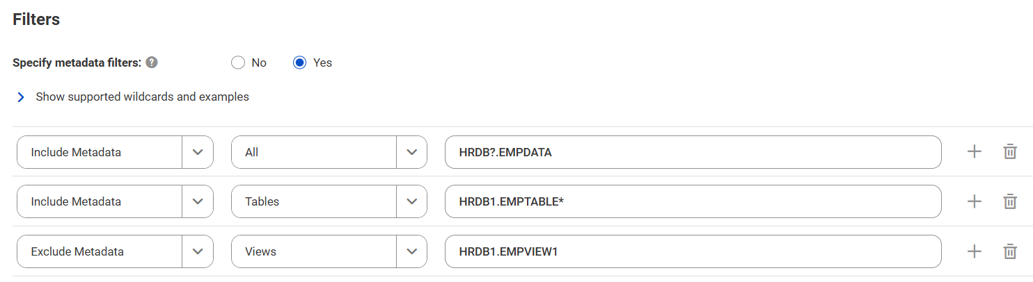 The image shows a filter that includes metadata from the EMPDATA object in databases with names that start with HRDB followed by one additional character, includes metadata from tables with names that start with EMPTABLE in the HRDB1 database, and excludes metadata from the EMPVIEW1 view in the HRDB1 database.