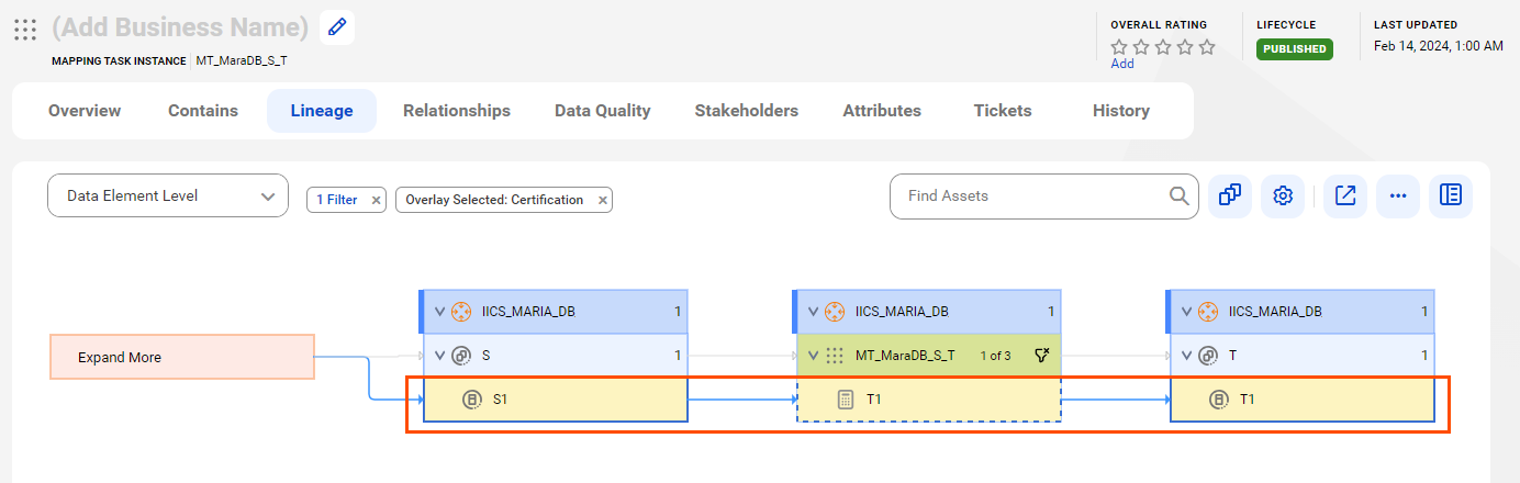 The lineage diagram starts at the S1 reference data element and provides output to the T1 reference data element.
