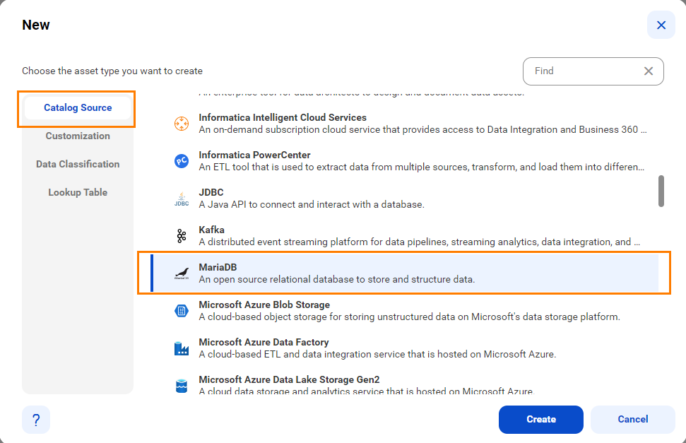 The image shows the list of catalog sources with the MariaDB catalog source selected and an option to create a new catalog source.