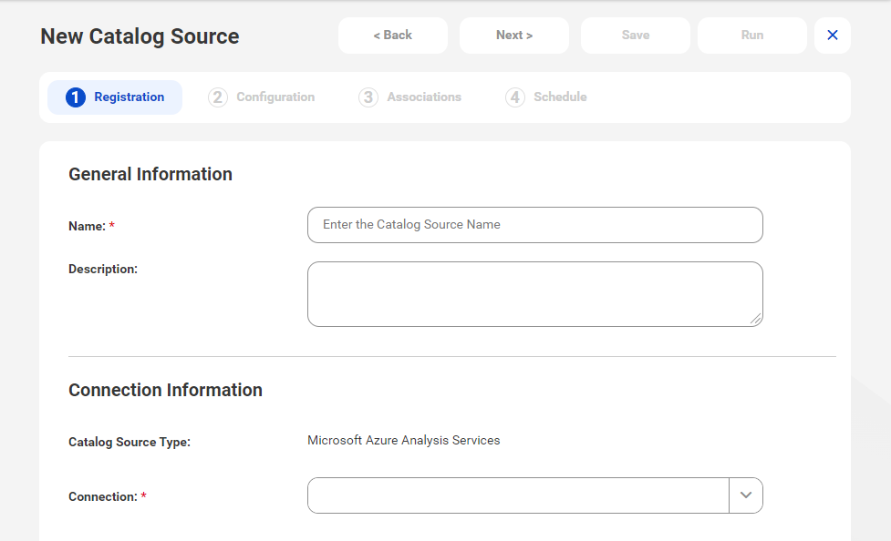 The image shows the New Catalog Source page with the Microsoft Azure Analysis Services catalog source type selected.