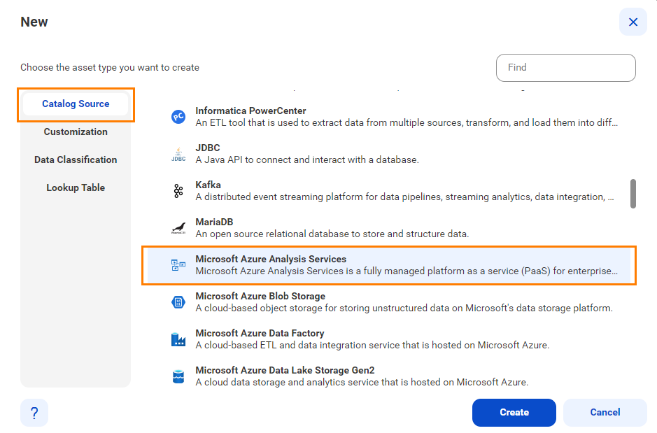 The image shows the list of catalog sources with the Microsoft Azure Analysis Services catalog source selected and an option to create a new catalog source.