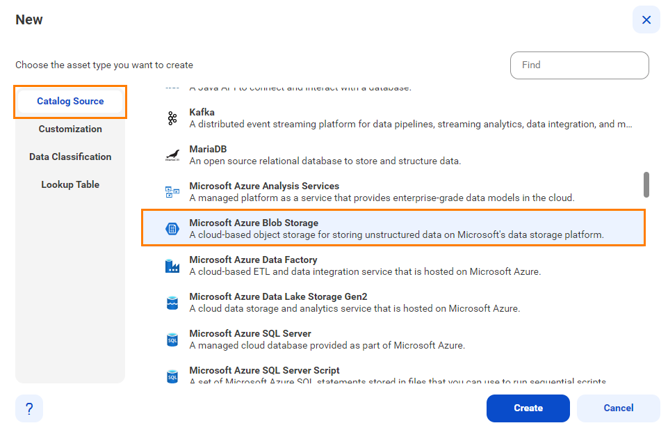 The image shows the list of catalog sources with the Microsoft Azure Blob Storage catalog source selected and an option to create a new catalog source.