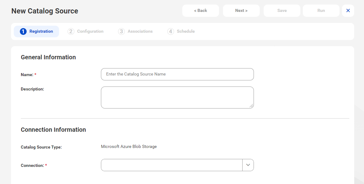 The image shows the New Catalog Source page with the Microsoft Azure Blob Storage catalog source type selected.