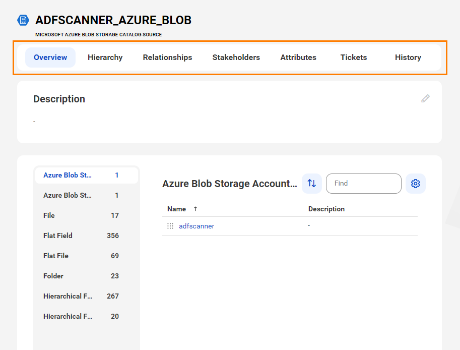 The image shows a sample Microsoft Azure Blob Storage asset page with tabs that allow you to view the asset.