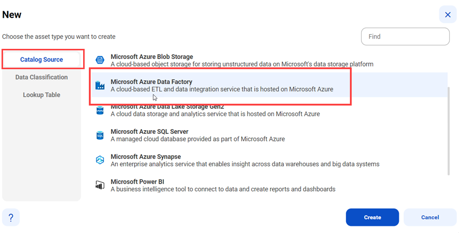 In the screenshot, the user has selected the Catalog Source asset type. The right side of the window shows a list of asset types, with the Microsoft Azure Data Factory choice highlighted.