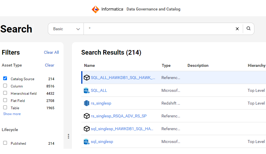 The screenshot shows the result of filtering asset types by "Catalog Source." On one side of the page is a list of filters with "Catalog Source" selected, and on the other side is a large box listing all of the assets of type "Catalog Source." At teh top of the page is a Search control where users can search for a particular asset.