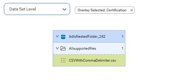 The image shows the Lineage tab with the CSVWithCommaDelimiter.csv file.