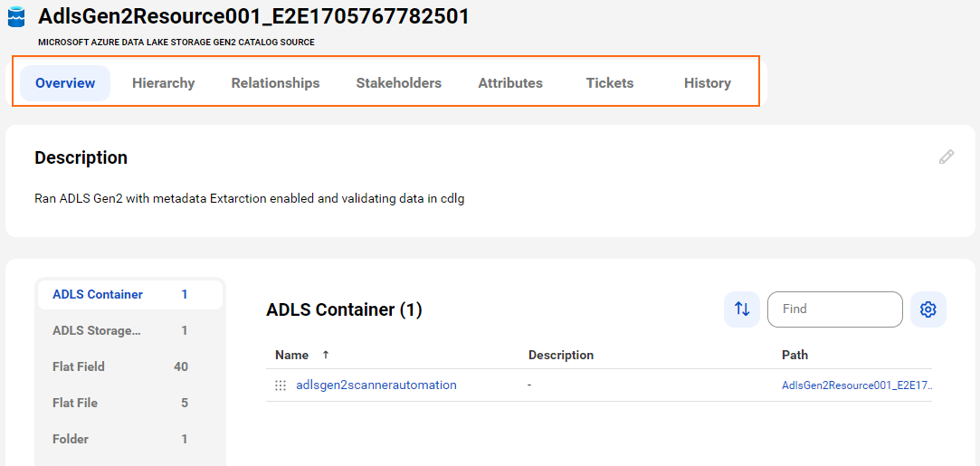 A sample Microsoft Azure Data Lake Storage Gen2 asset page with tabs that allow you to view the asset.