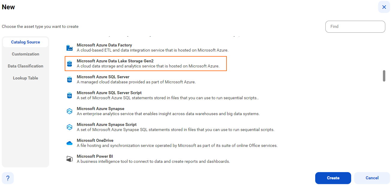 The image shows the list of catalog sources with the Microsoft Azure Data Lake Storage Gen2 catalog source selected and an option to create a new catalog source.