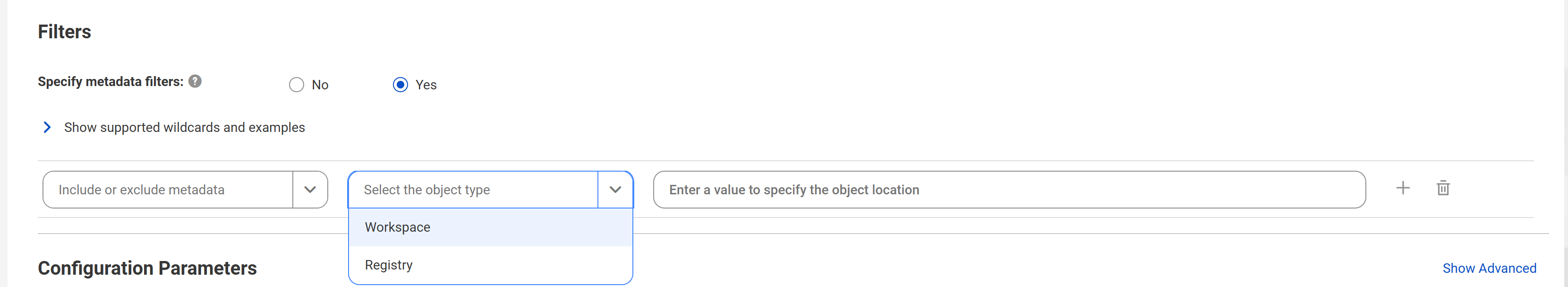 The filters contain options to include or exclude metadata based on specific object types.