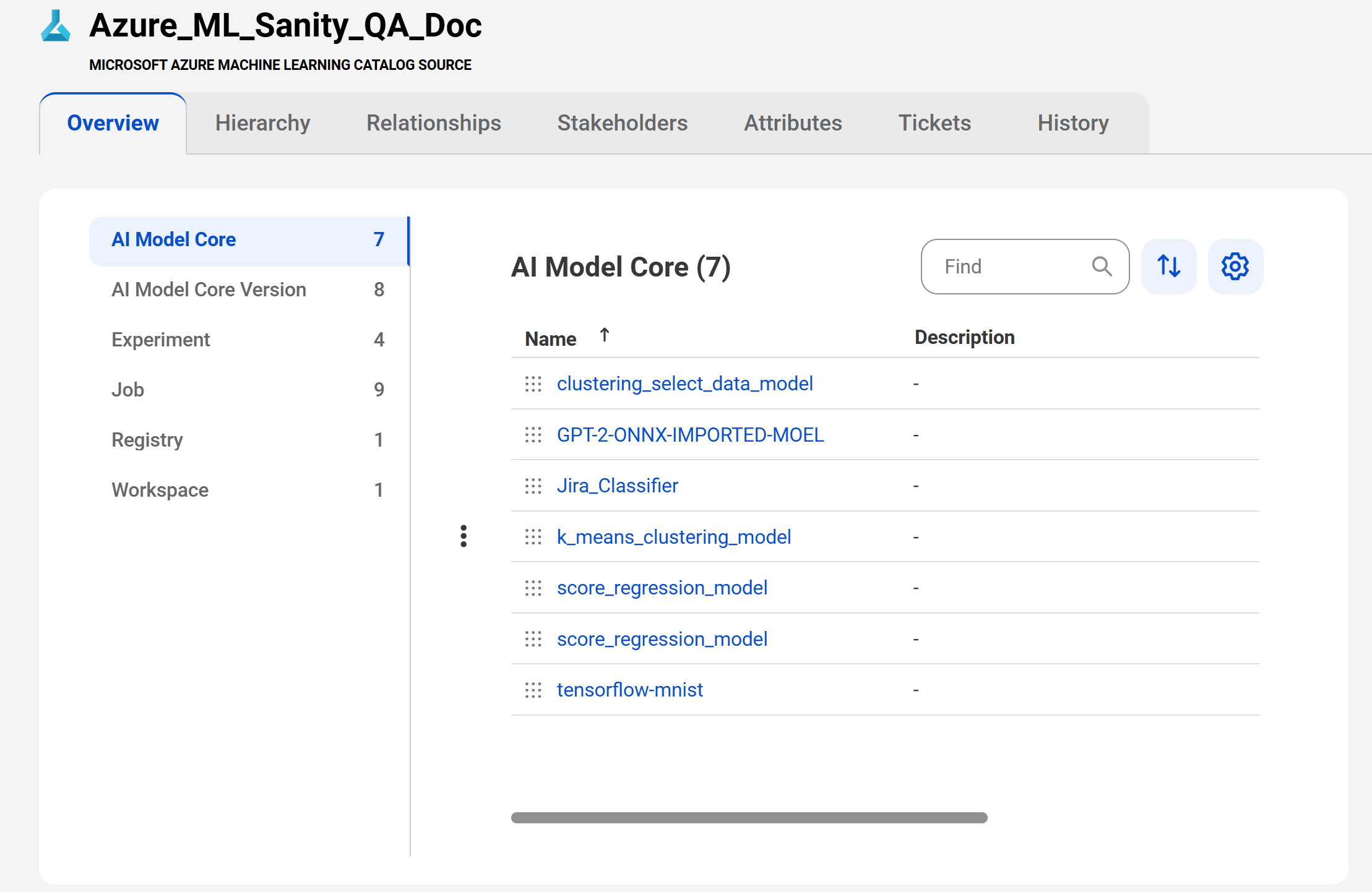 A sample Microsoft Azure Machine Learning asset page with tabs that allow you to view the asset.