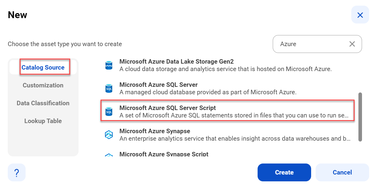 The image shows the list of catalog sources with the Microsoft Azure SQL Server Script catalog source selected and an option to create a new catalog source.