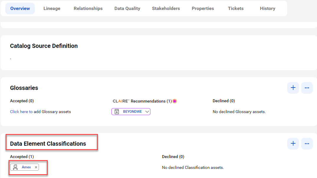 The Overview tab includes a Data Element Classifications area with one accepted classification.