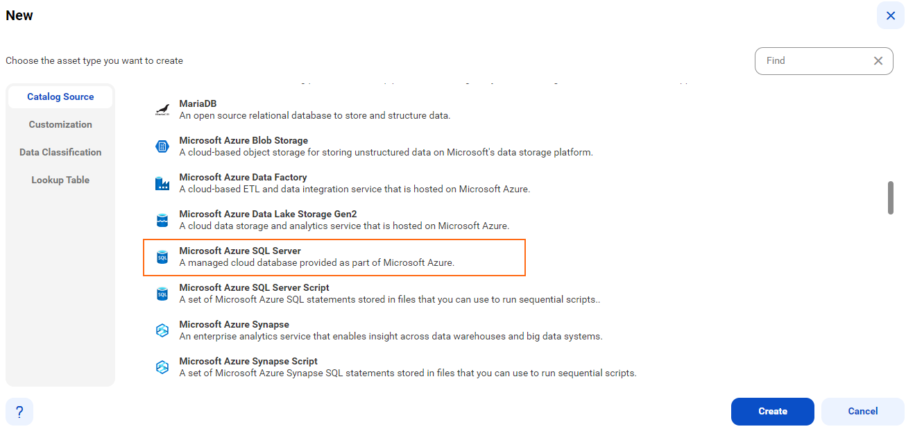 The image shows the list of catalog source types with the Microsoft Azure SQL Server catalog source selected and an option to create a new catalog source.