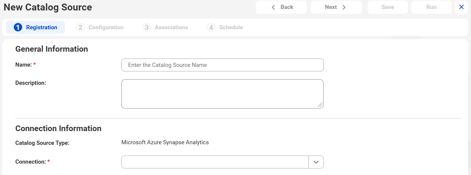 The image shows the New Catalog Source page with the Microsoft Azure Synapse Analytics catalog source type selected.