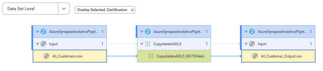 The data set level lineage diagram starts at the All_Customers.csv source file and shows how the data flows to the target All_Customer_Output.csv file before connection assignment.