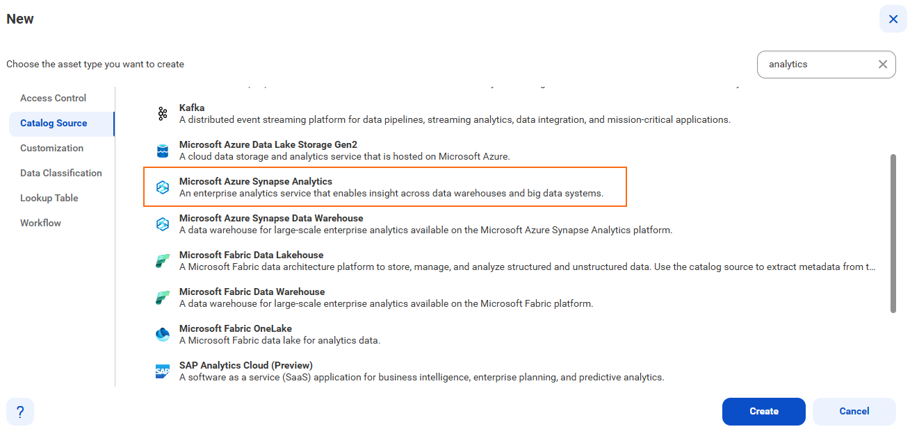 The image shows the list of catalog sources with the Microsoft Azure Synapse Analytics catalog source selected and an option to create a new catalog source.