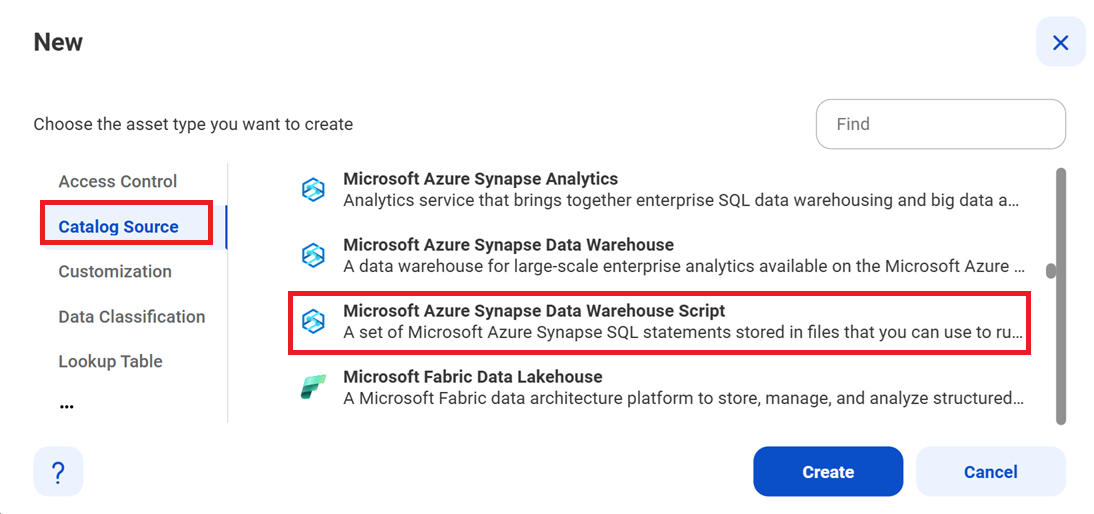 The image shows the list of catalog sources with the Microsoft Azure Synapse Data Warehouse Script catalog source selected and an option to create a new catalog source.
