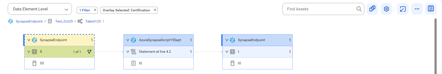 The data element level lineage diagram starts at the t0 column and provides output to the S0 column after connection assignment.