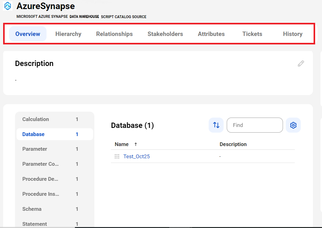 The image shows a sample Microsoft Azure Synapse Data Warehouse Script asset page with tabs that allow you to view the asset.