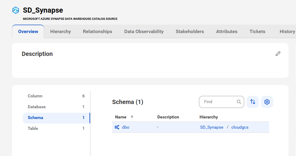 The image shows a sample Microsoft Azure Synapse Data Warehouse asset page with tabs that allow you to view the asset.