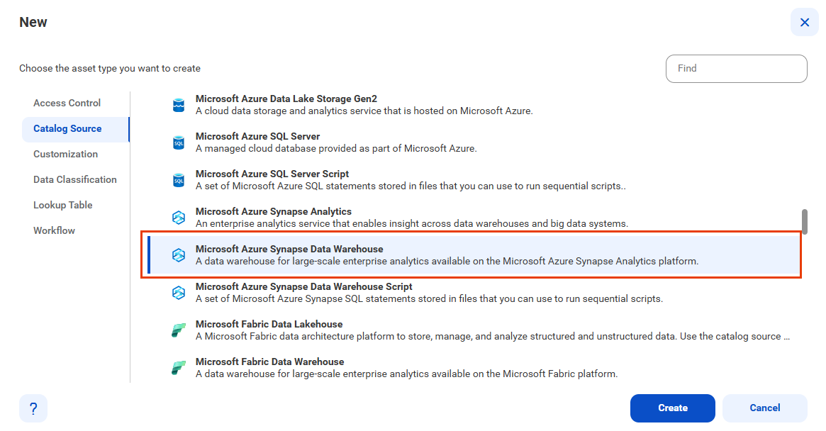 The image shows the list of catalog source types with the Microsoft Azure Synapse Data Warehouse catalog source selected and an option to create a new catalog source.