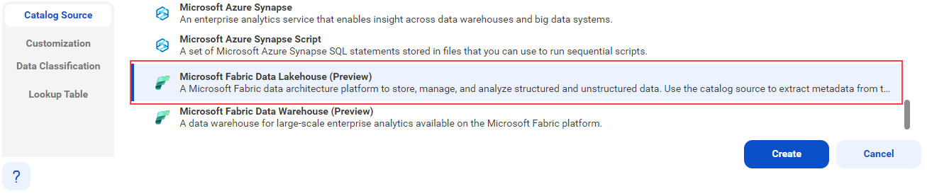 The image shows the list of catalog sources with the Microsoft Fabric Data Lakehouse catalog source selected and an option to create a new catalog source.