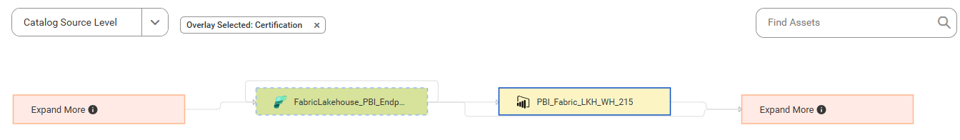 The lineage diagram shows how data flows between the FabricLakehouse_PBI_Endpoint_215 and the PBI_Fabric_LKH_WH_215 catalog sources after connection assignment.