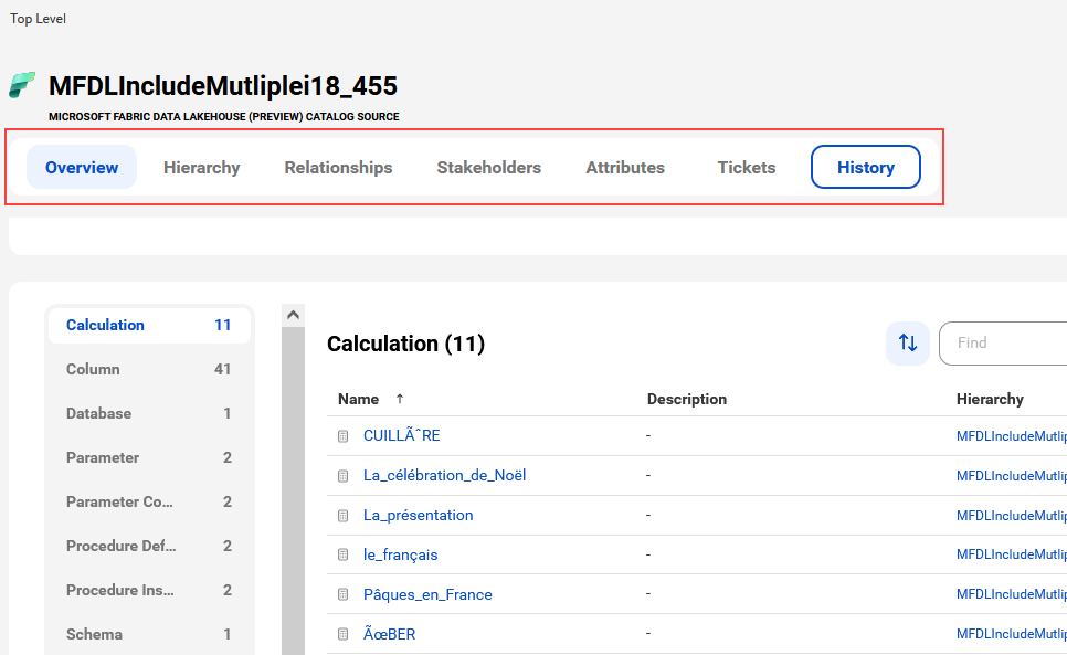 A sample Microsoft Fabric Data Lakehouse asset page with tabs that allow you to view the asset.