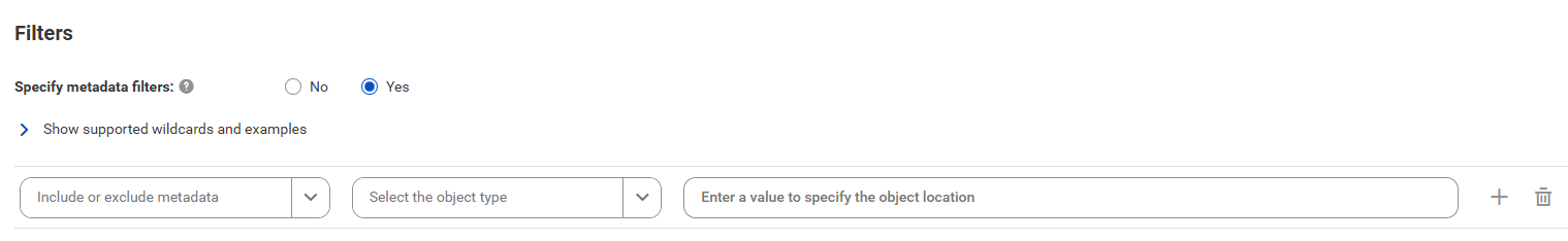 The image shows the filter conditions for the Microsoft Fabric Data Lakehouse catalog source.